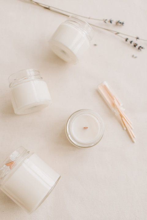 Soy candles in glass jars with lavender.