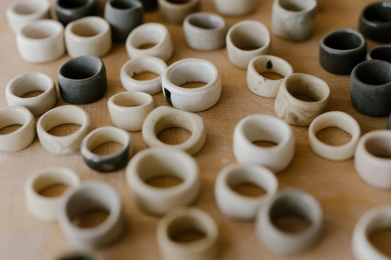 Glazed ceramic rings in many colours.